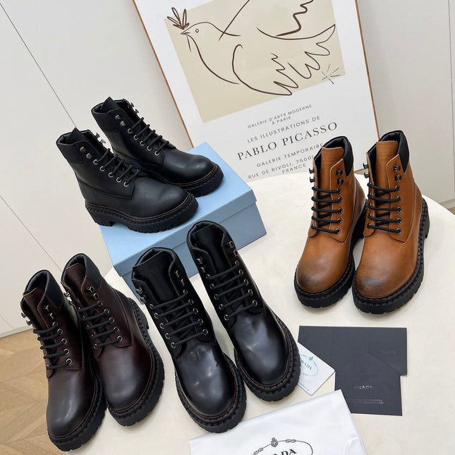 PRADA 25S LACE UP BOOTS BLACK GLOSSY CALFSKIN