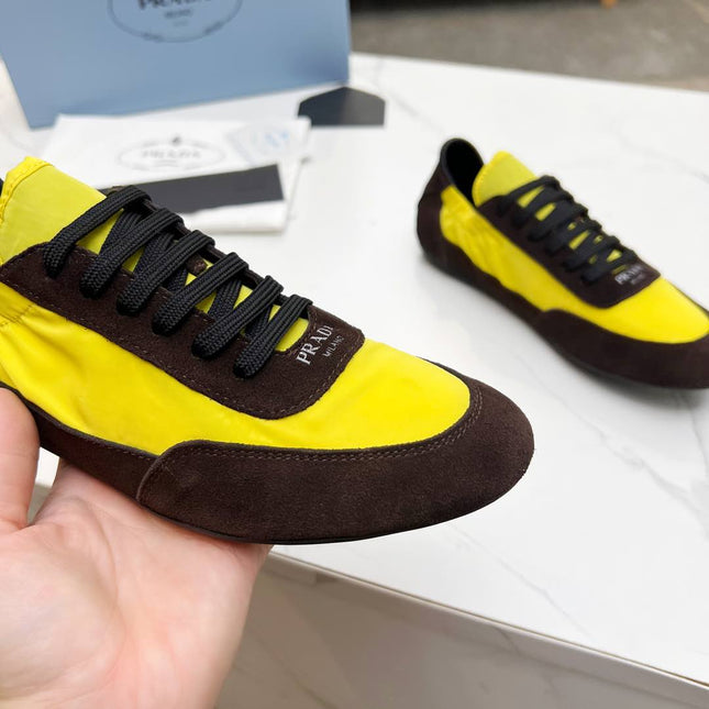 COLLAPSE SNEAKERS IN CHOCOLATE SUEDE AND YELLOW NYLON