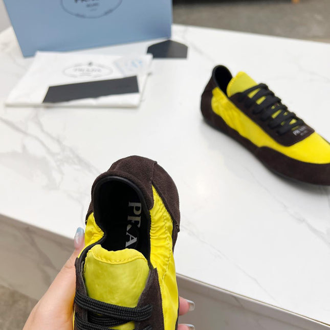 COLLAPSE SNEAKERS IN CHOCOLATE SUEDE AND YELLOW NYLON