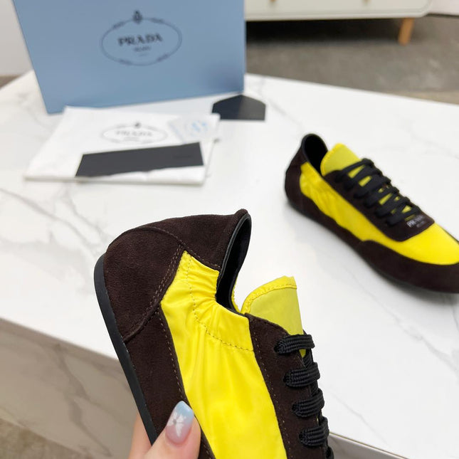 COLLAPSE SNEAKERS IN CHOCOLATE SUEDE AND YELLOW NYLON