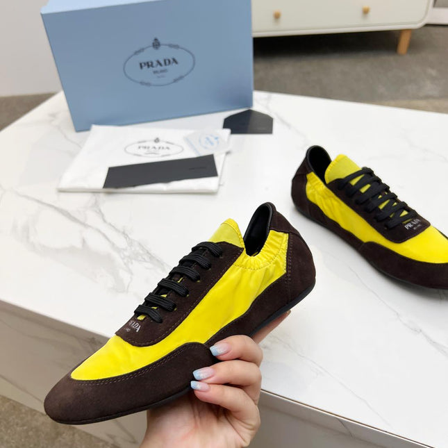 COLLAPSE SNEAKERS IN CHOCOLATE SUEDE AND YELLOW NYLON