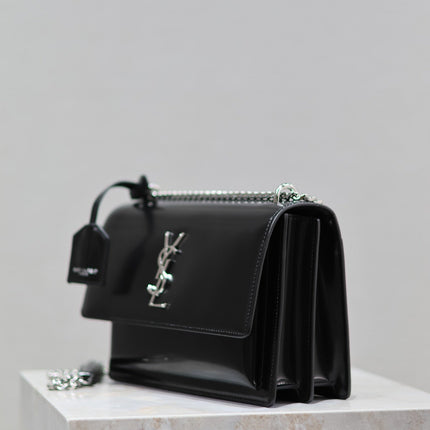 YSL 25S SUNSET MEDIUM 22 IN BLACK SHINY CALFSKIN SILVER HARDWRE