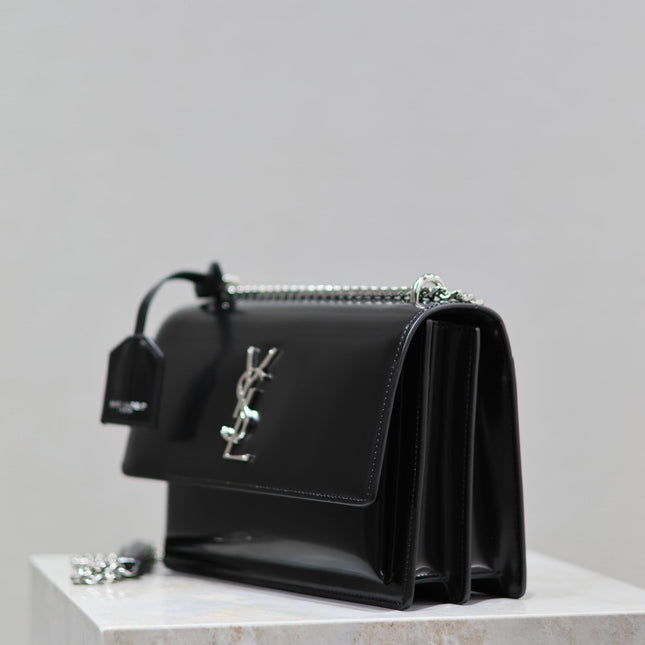 YSL 25S SUNSET MEDIUM 22 IN BLACK SHINY CALFSKIN SILVER HARDWRE
