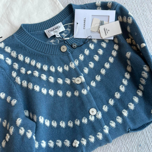 Chanel 25P Cardigan Dark Blue Mix White Cashmere 229517