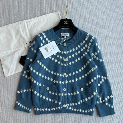 Chanel 25P Cardigan Dark Blue Mix White Cashmere 229517