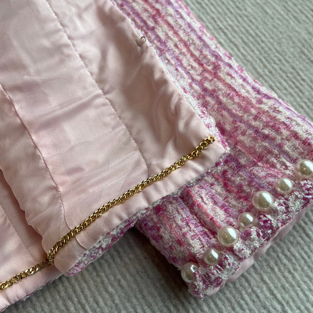 Chanel 25P Cardigan Pink Tweed With Pearl 235893