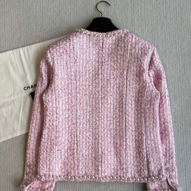 Chanel 25P Cardigan Pink Tweed With Pearl 235893