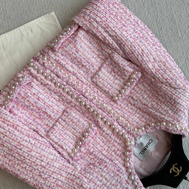 Chanel 25P Cardigan Pink Tweed With Pearl 235893
