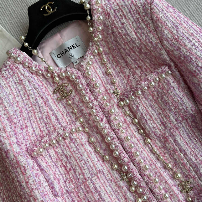 Chanel 25P Cardigan Pink Tweed With Pearl 235893