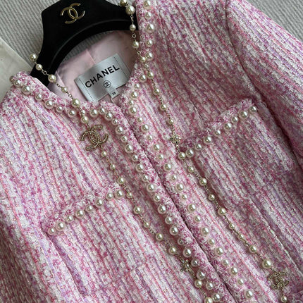 Chanel 25P Cardigan Pink Tweed With Pearl 235893