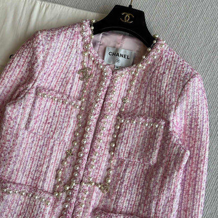 Chanel 25P Cardigan Pink Tweed With Pearl 235893