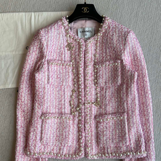 Chanel 25P Cardigan Pink Tweed With Pearl 235893