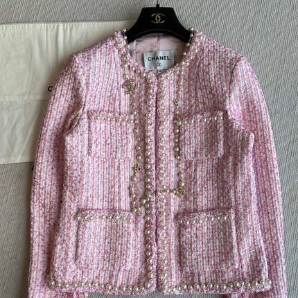 Chanel 25P Cardigan Pink Tweed With Pearl 235893