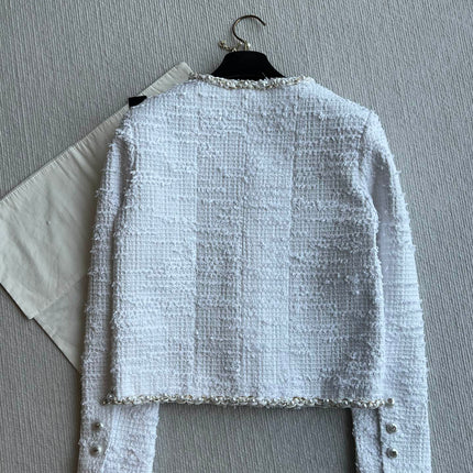 Chanel 25P Cardigan White Tweed With Pearl 234889