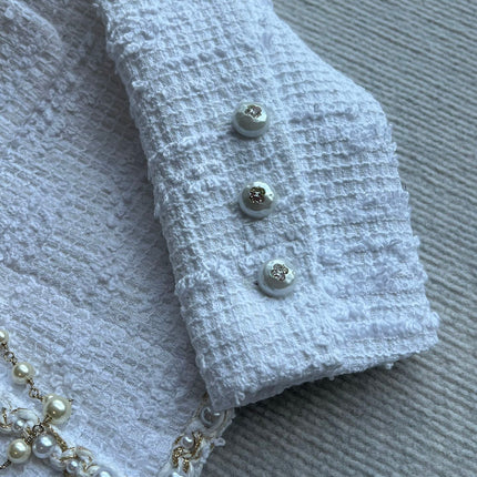 Chanel 25P Cardigan White Tweed With Pearl 234889