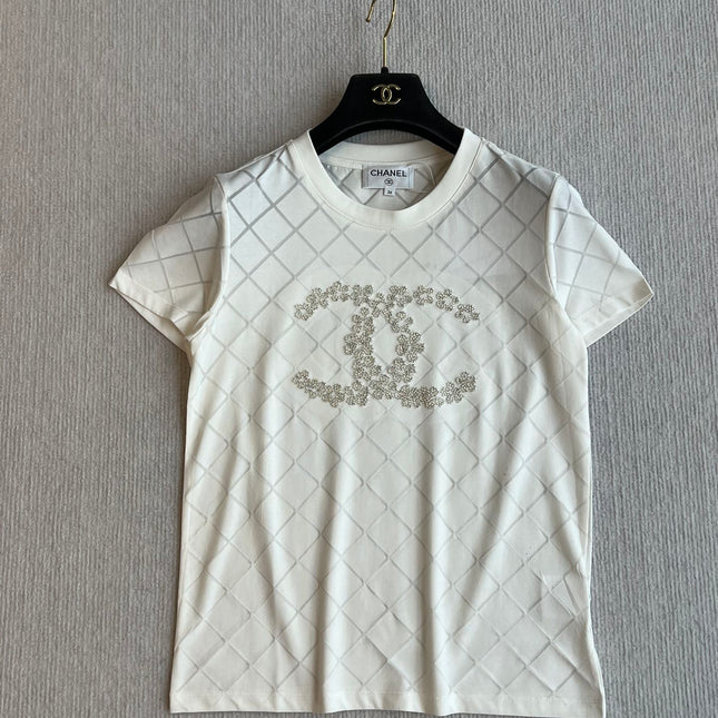 CHANEL WHITE SHORT-SLEEVE EMBELLISHED T-SHIRT