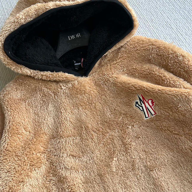 MONCLER 25S FUZZY TEDDY FLEECE HOODIE IN BROWN 042