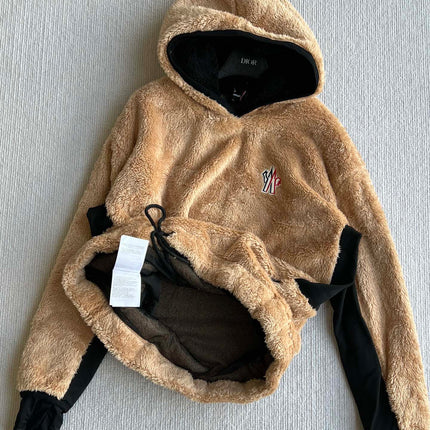 MONCLER 25S FUZZY TEDDY FLEECE HOODIE IN BROWN 042