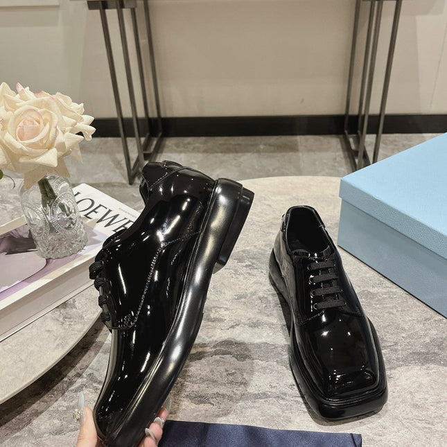 PRA SQUARE HEAD LACE-UP LOAFERS GLOSSY BLACK CALFSKIN