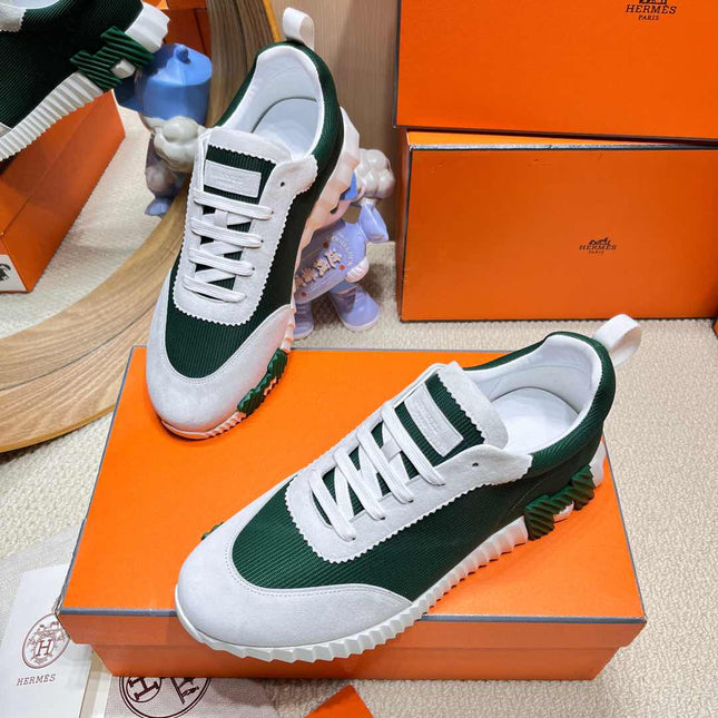 BOUNCING SNEAKER IN PALE GRAY SUEDE AND GREEN FOREST KNIT