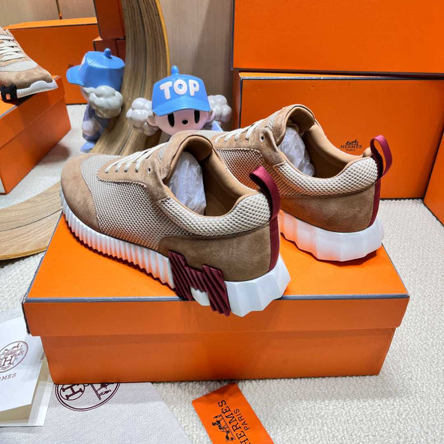 BOUNCING SNEAKER IN PEANUT BROWN SUEDE AND WHITE KNIT