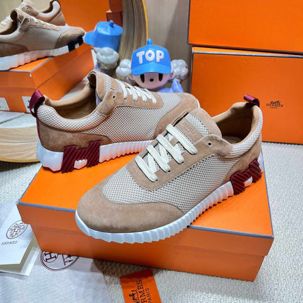 BOUNCING SNEAKER IN PEANUT BROWN SUEDE AND WHITE KNIT