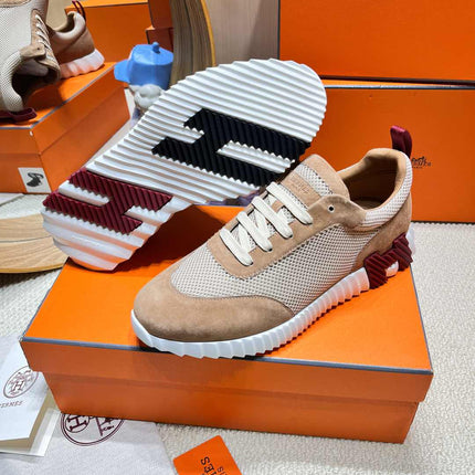 BOUNCING SNEAKER IN PEANUT BROWN SUEDE AND WHITE KNIT