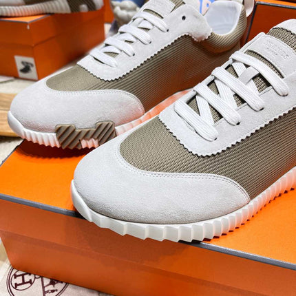 BOUNCING SNEAKER IN PALE GRAY SUEDE AND WOOD BROWN KNIT