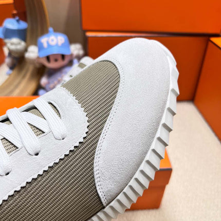 BOUNCING SNEAKER IN PALE GRAY SUEDE AND WOOD BROWN KNIT