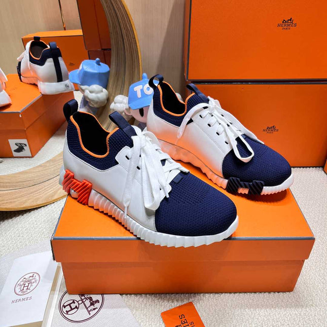 DEPART SLIP-ON SNEAKER IN NAVY BLUE KNIT AND WHITE CALFSKIN