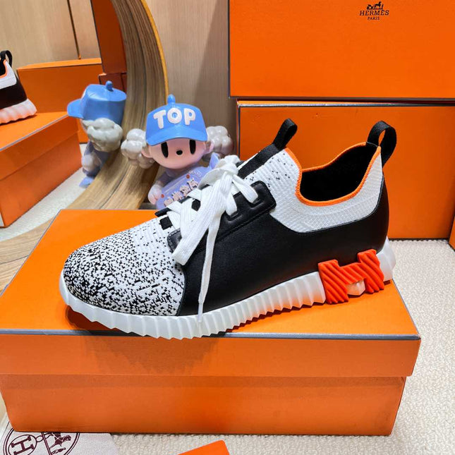 DEPART SLIP-ON SNEAKER IN WHITE MIX BLACK KNIT AND BLACK CALFSKIN