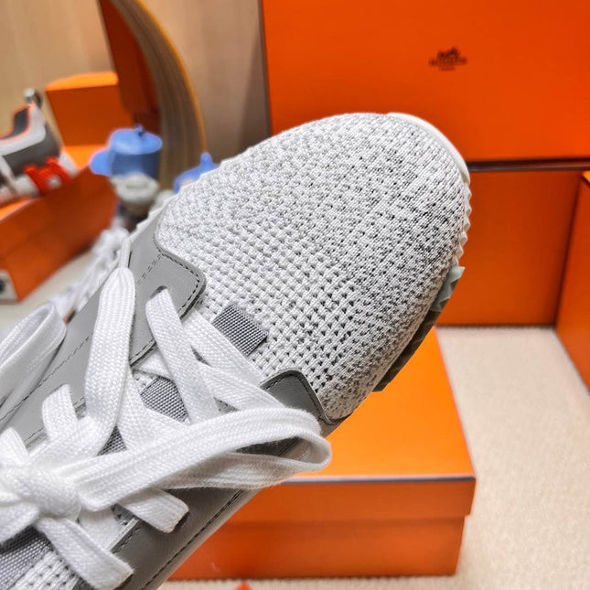 DEPART SLIP-ON SNEAKER IN WHITE MIX MOUSE GRAY KNIT AND CALFSKIN