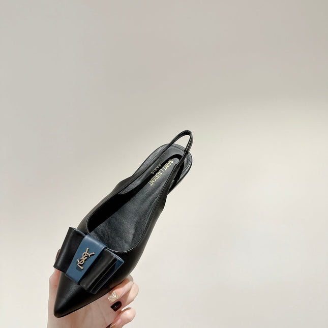 CASSANDRA SLINGBACK FLAT IN BLACK MIX BLUE SMOOTH LAMBSKIN