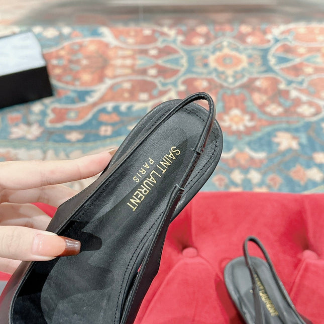 CASSANDRA SLINGBACK FLAT IN BLACK MIX BLUE SMOOTH LAMBSKIN