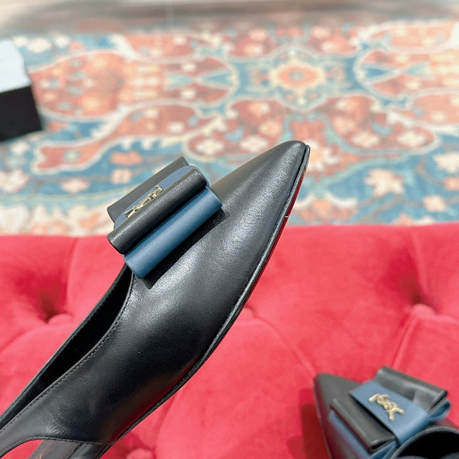 CASSANDRA SLINGBACK FLAT IN BLACK MIX BLUE SMOOTH LAMBSKIN