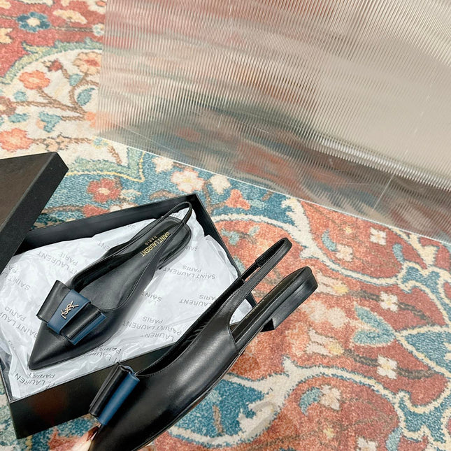 CASSANDRA SLINGBACK FLAT IN BLACK MIX BLUE SMOOTH LAMBSKIN