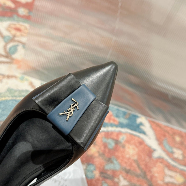 CASSANDRA SLINGBACK FLAT IN BLACK MIX BLUE SMOOTH LAMBSKIN