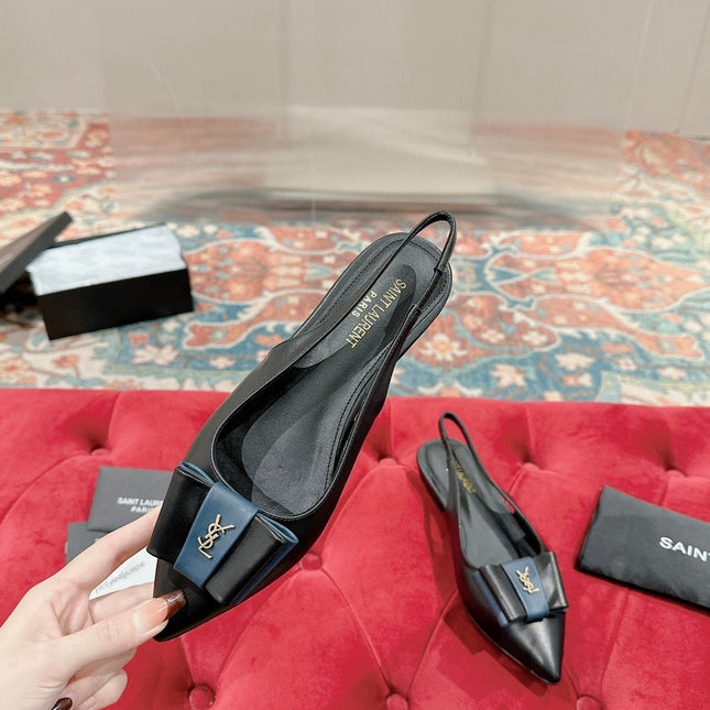 CASSANDRA SLINGBACK FLAT IN BLACK MIX BLUE SMOOTH LAMBSKIN