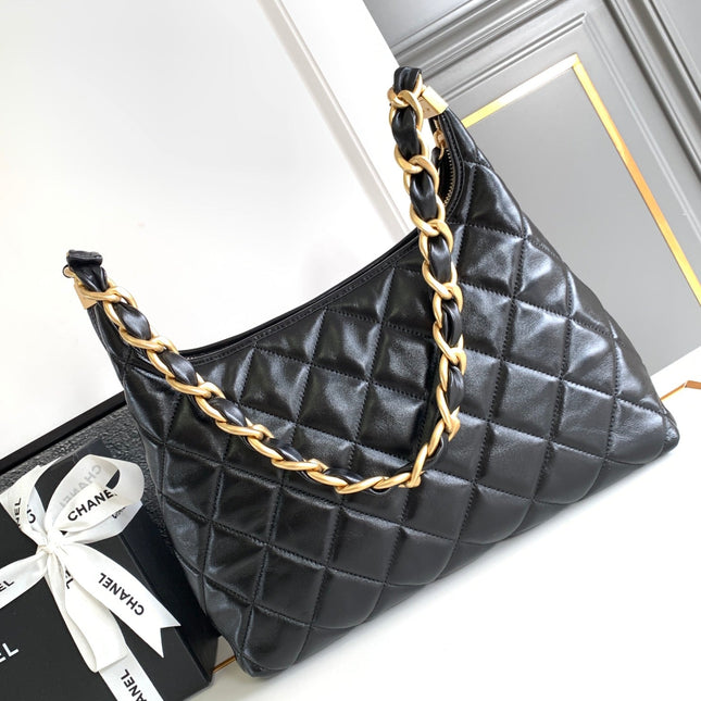 CHANEL 25S HOBO BAG 32 CM IN BLACK LAMBSKIN WITH GOLD HARDWARE
