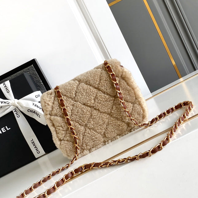 CHANEL 25S FLAP BAG 18 CM IN BEIGE WOOL AND BROWN LAMBSKIN