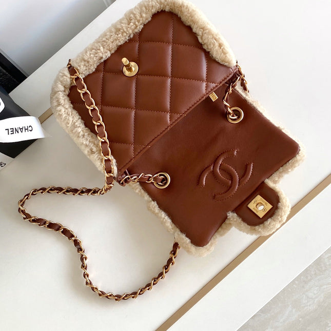 CHANEL 25S FLAP BAG 18 CM IN BEIGE WOOL AND BROWN LAMBSKIN