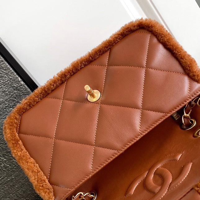 CHANEL 25S FLAP BAG 23.5 CM IN BROWN WOOL AND LAMBSKIN