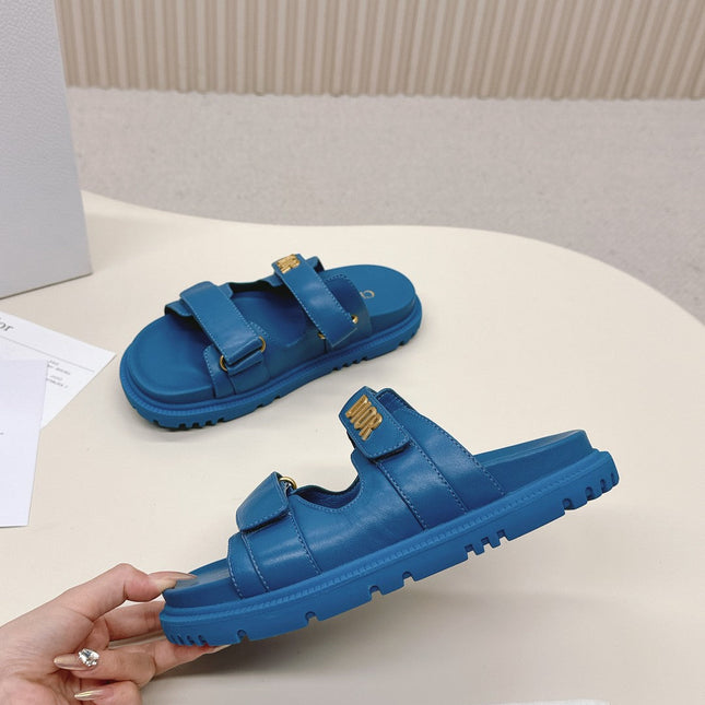 DIOR CLASSIC DOUBLE-STRAP SLIDES 25S IN OCEAN BLUE CALFSKIN