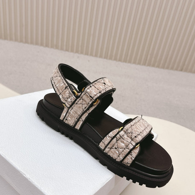 DIOR BACK-STRAP SANDALS 25S IN SOFT ROSE BEIGE TWEED AND BLACK CALFSKIN