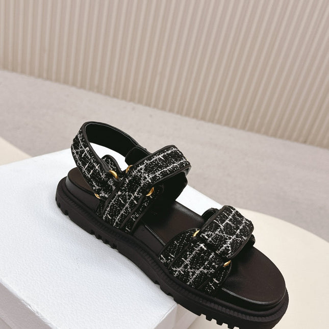 DIOR BACK-STRAP SANDALS 25S IN BLACK TWEED AND CALFSKIN