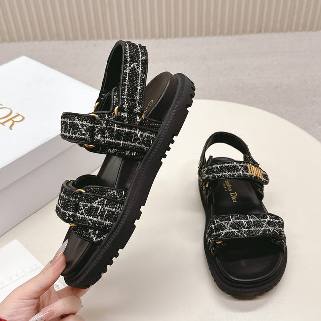 DIOR BACK-STRAP SANDALS 25S IN BLACK TWEED AND CALFSKIN