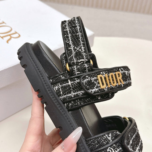 DIOR BACK-STRAP SANDALS 25S IN BLACK TWEED AND CALFSKIN