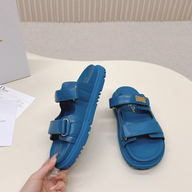DIOR CLASSIC DOUBLE-STRAP SLIDES 25S IN OCEAN BLUE CALFSKIN