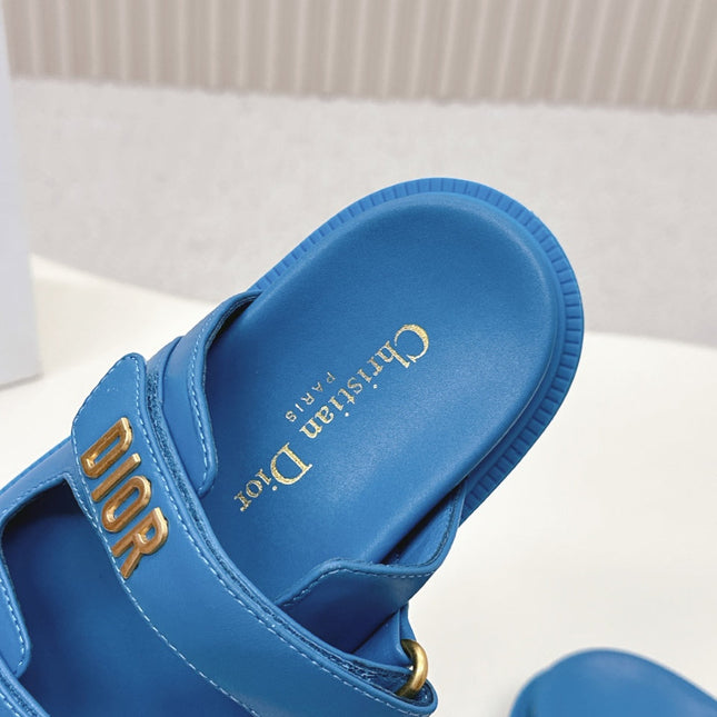 DIOR CLASSIC DOUBLE-STRAP SLIDES 25S IN OCEAN BLUE CALFSKIN