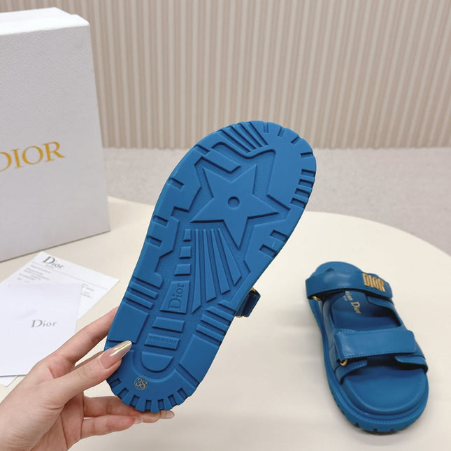 DIOR CLASSIC DOUBLE-STRAP SLIDES 25S IN OCEAN BLUE CALFSKIN